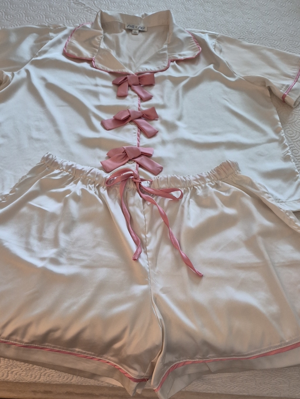 She + Sky Ivory Satin Short Pajama Set with Pink Trim & Bows